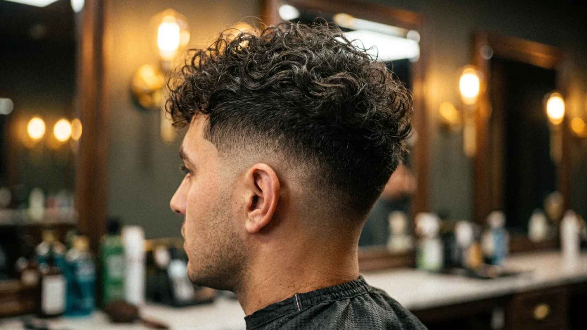Man with high skin fade and curly hair top.