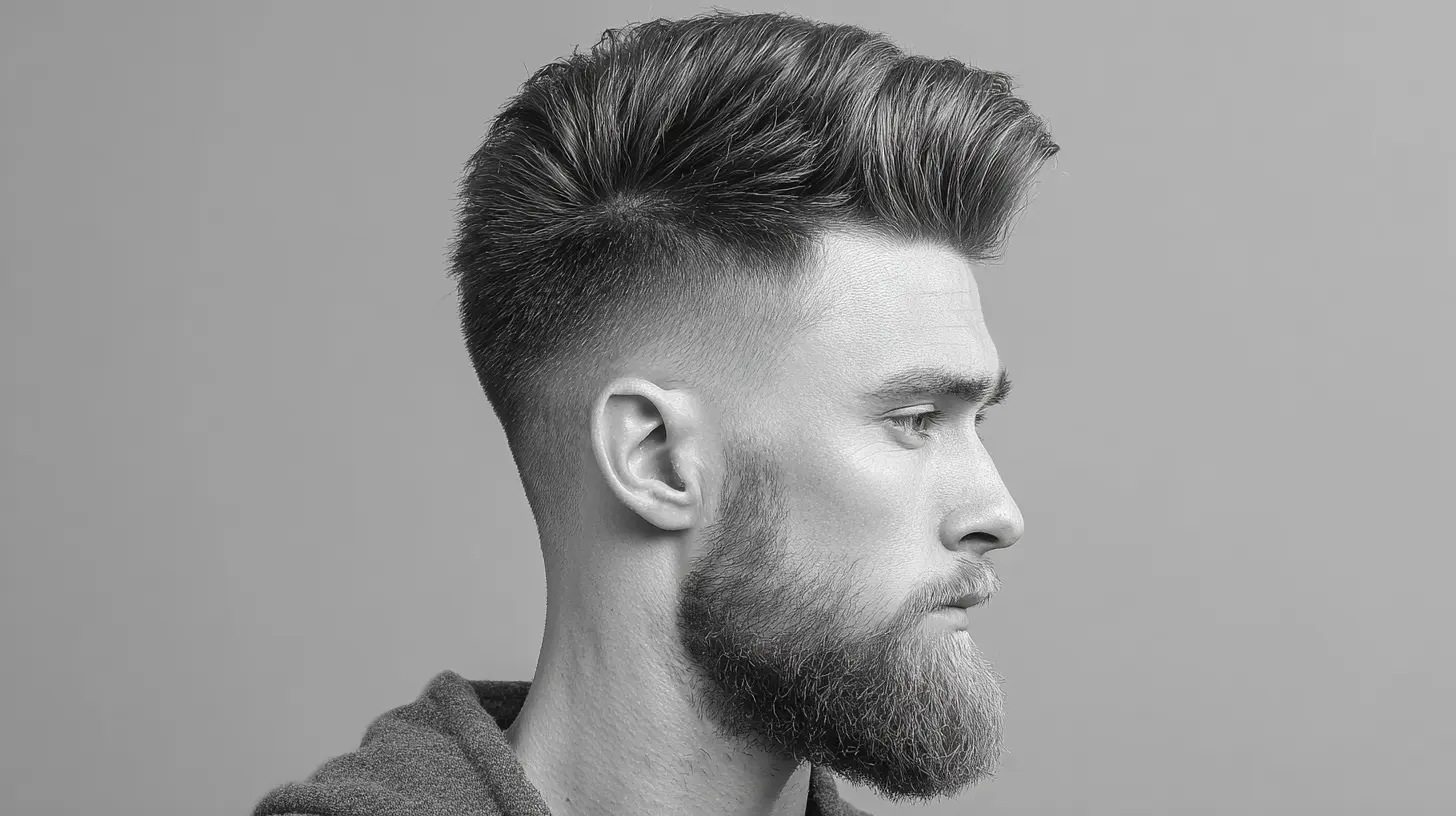 Man with high skin fade and voluminous pompadour hairstyle.