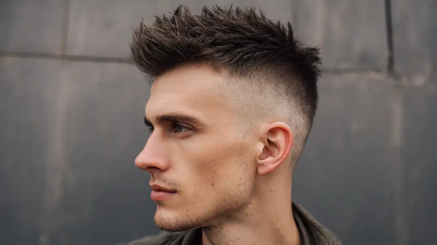 Man with high skin fade and front quiff hairstyle.