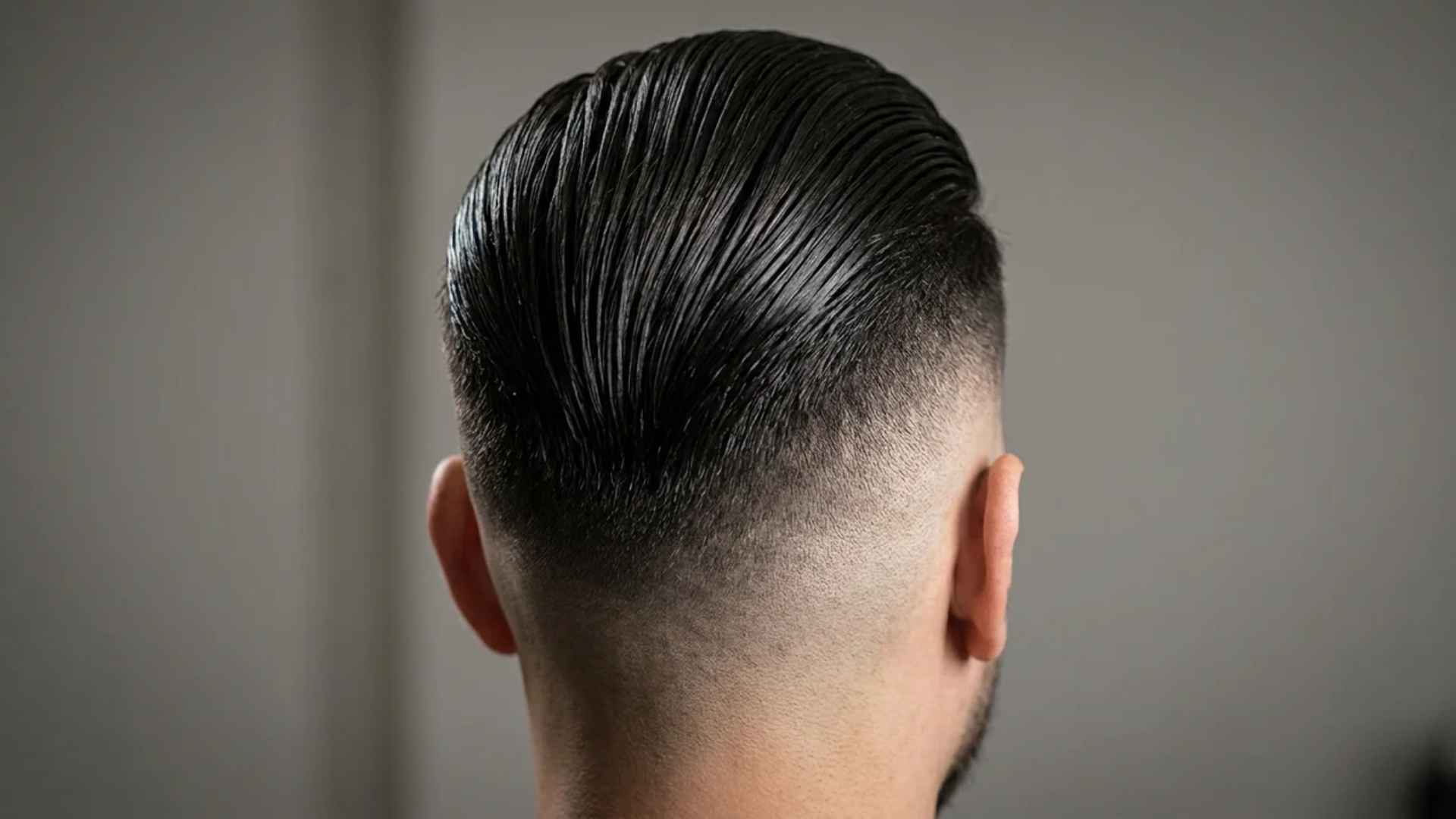 High skin fade paired with a polished pomade slick-back, gleaming under studio light.
