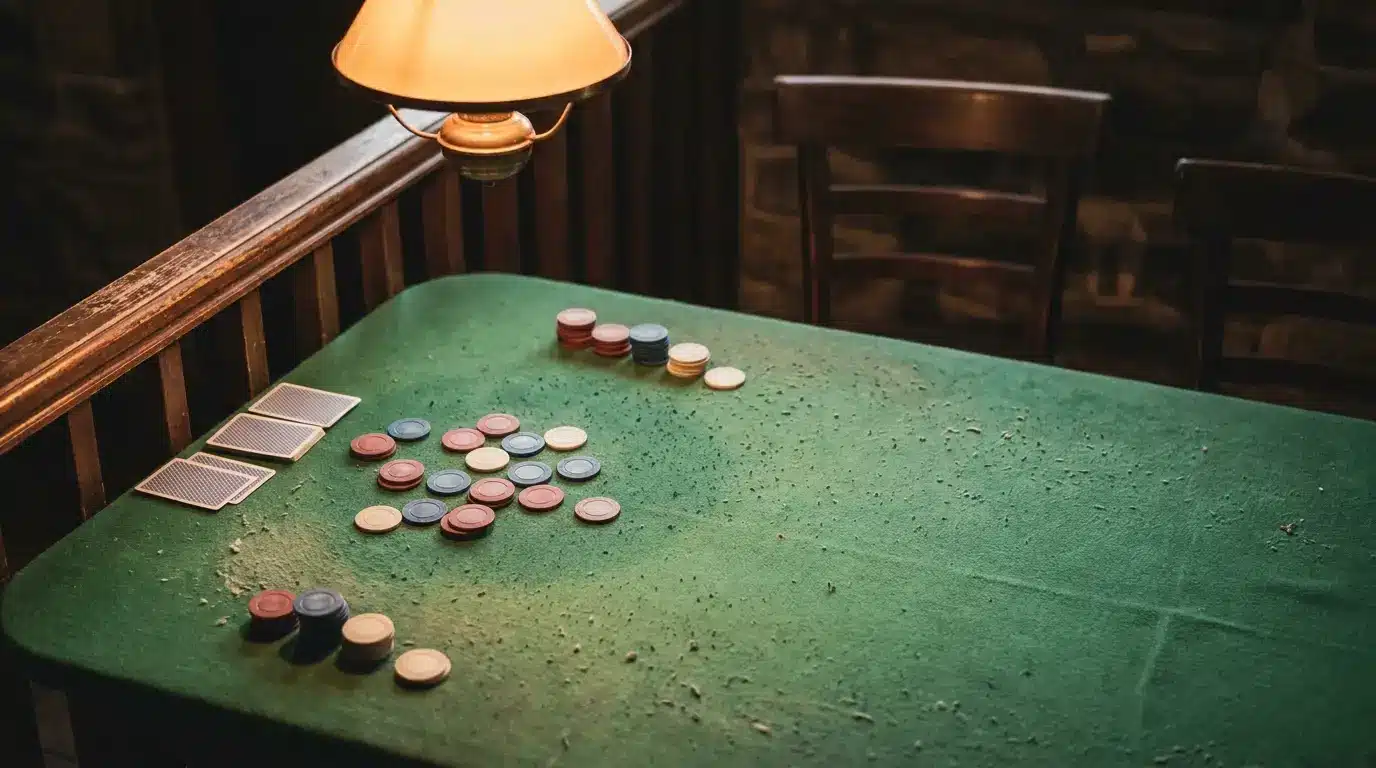 Poker chips and playing cards on green felt table under warm lamp lighting in rustic setting