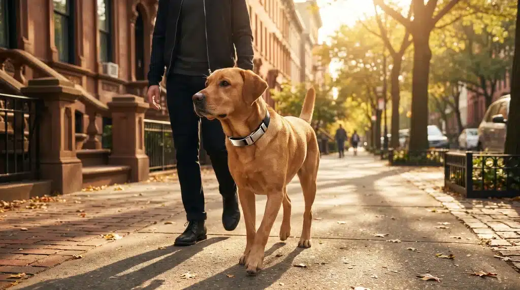 Dog on a leash walking with owner on sunlit urban street with brownstone buildings