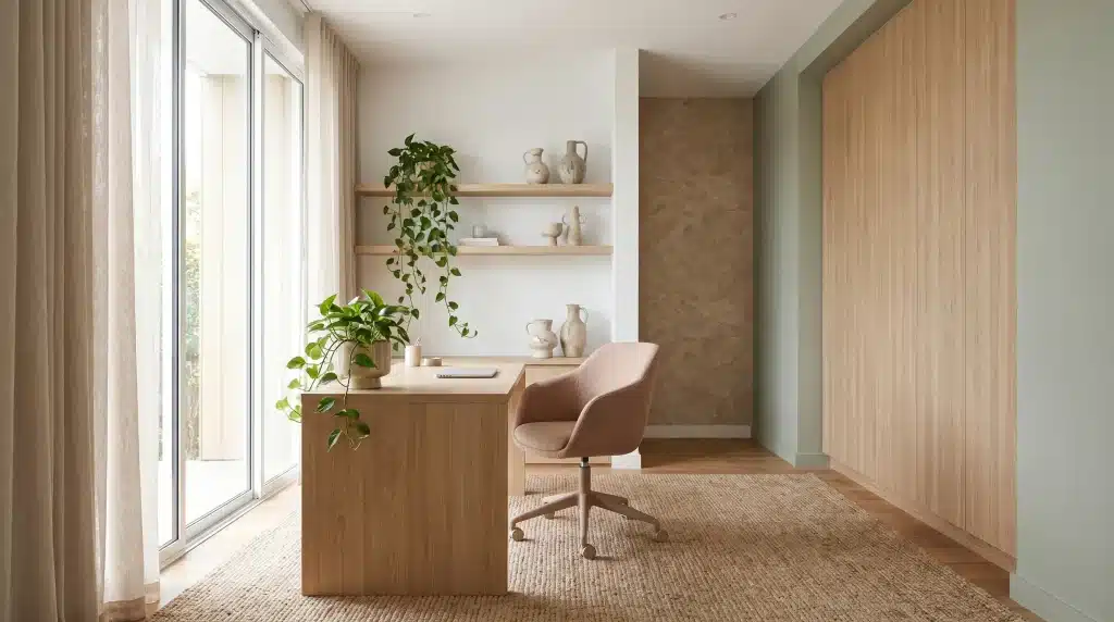 Modern home office with wooden desk, pink chair, and potted plants under natural light