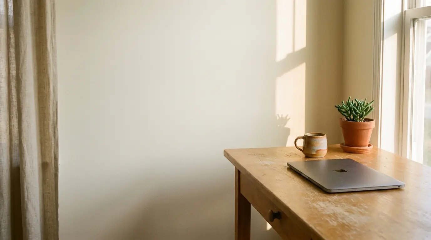Laptop and potted plant on a wooden desk by a sunlit window