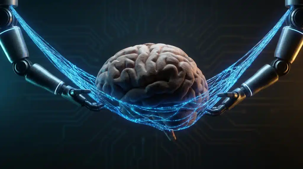 Robotic arms holding human brain connected by glowing blue wires in digital environment