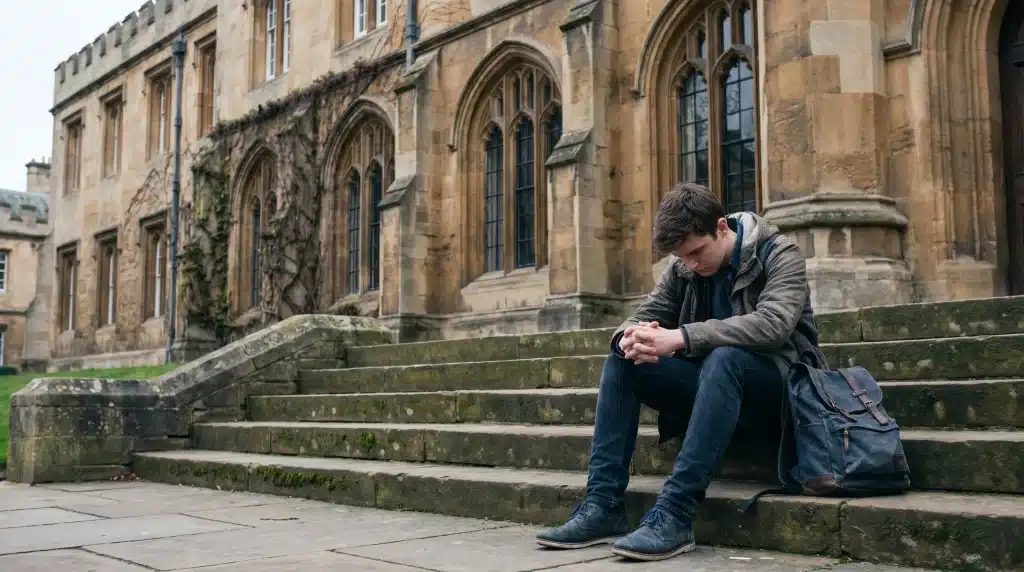 Student sitting on stone steps of historic building with backpack in overcast weather