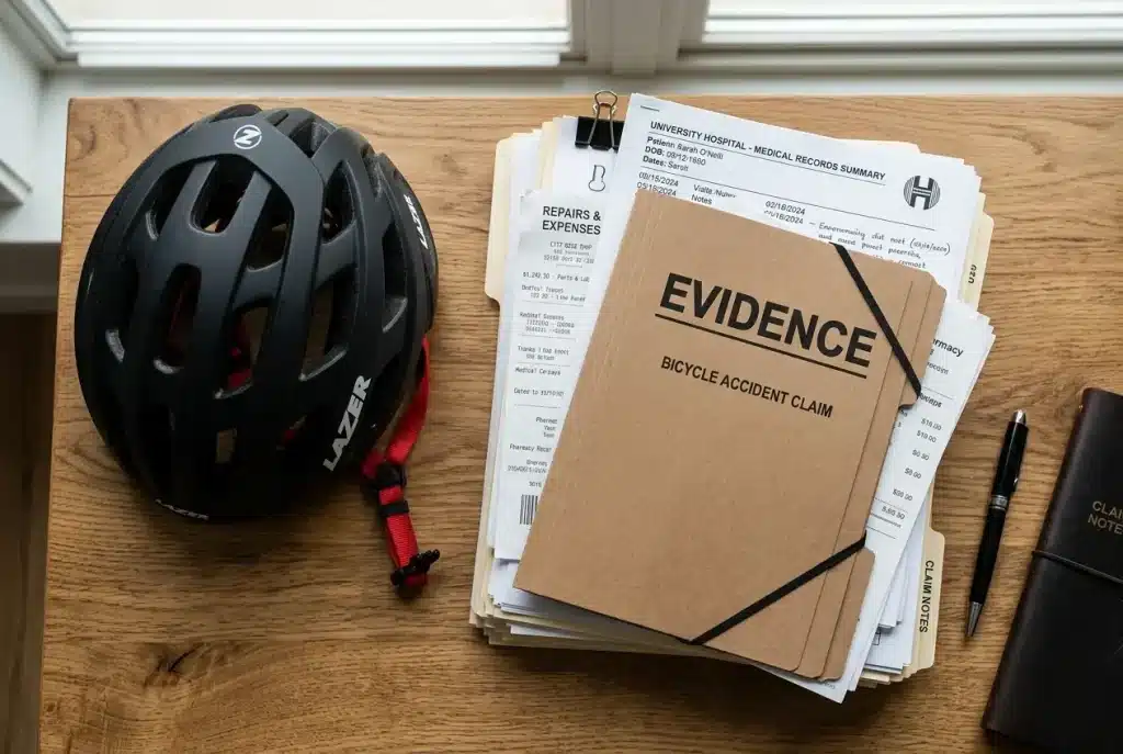 Bicycle helmet and stack of documents on wooden desk with evidence folder and pen