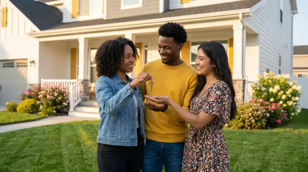 Couple receiving house keys from real estate agent in front of new suburban home