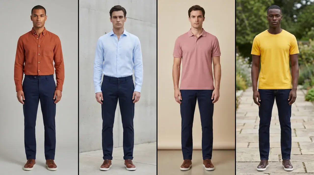 Collage of male models in navy pants paired with shirts complementing warm, cool, neutral, and deep skin tones, separated by thin black lines