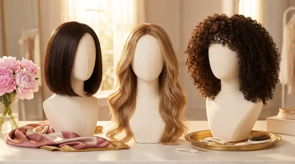 Three mannequin heads with different wigs displayed on table in elegant room with soft lighting