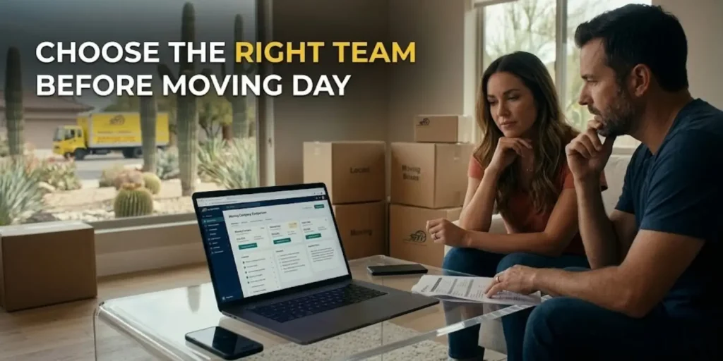 Couple reviewing moving company options on laptop with packed boxes in living room
