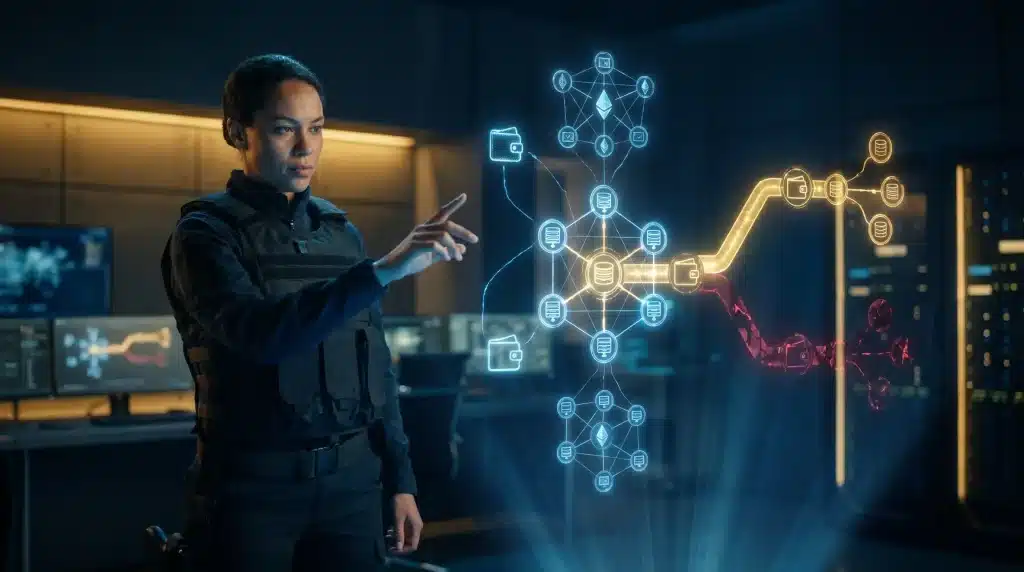 Person in tactical gear interacting with holographic blockchain interface in dark tech control room