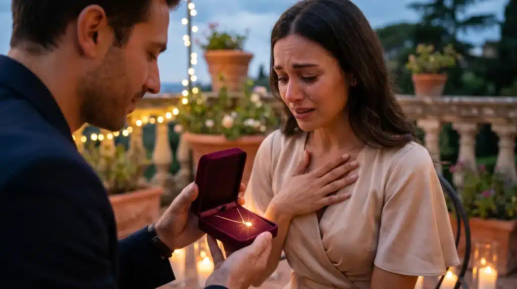 Man proposing with ring in velvet box to emotional woman on outdoor terrace with string lights