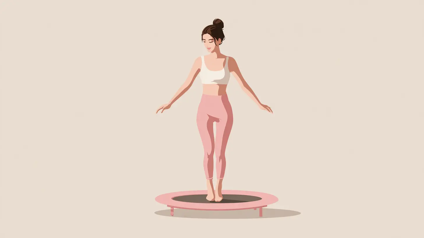 Illustration of a woman doing basic bounce exercises on a mini trampoline indoors