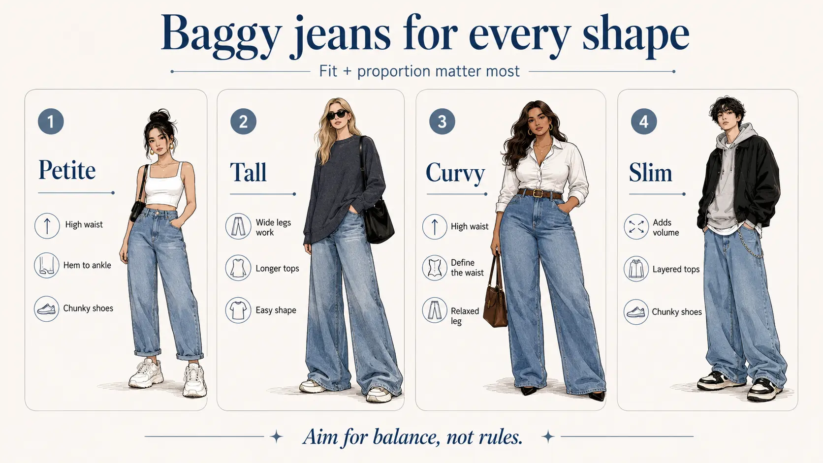 Infographic showing how to style baggy jeans for four body type