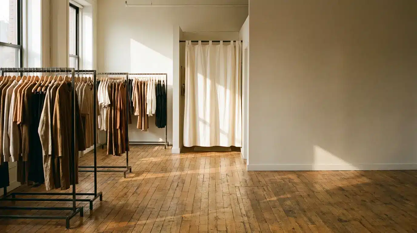 Clothing racks with neutral-toned garments in sunlit boutique with wooden floors