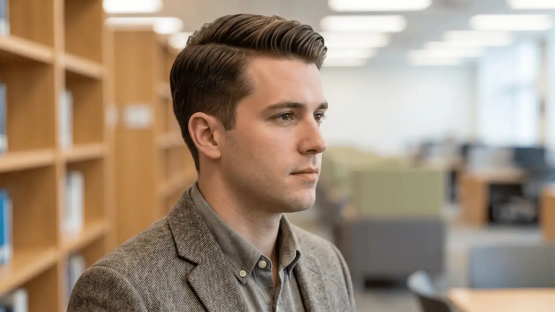 Man with Ivy League haircut, hair side-swept on top with short sides, angled view