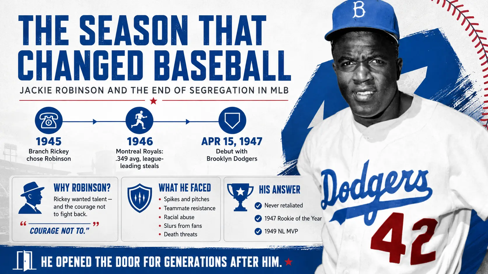 Jackie Robinson infographic showing his 1945 selection, 1946 Montreal season, 1947 Dodgers debut, and impact on baseball integration