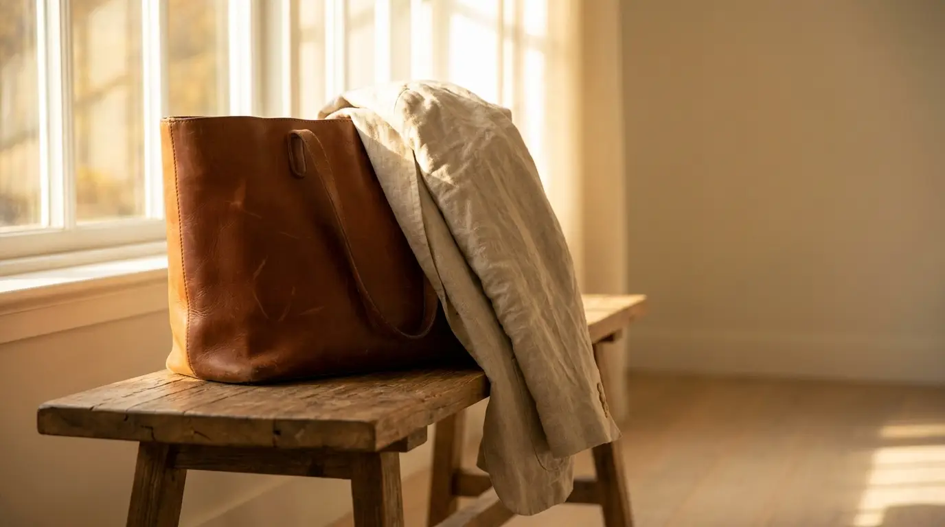 Brown leather bag and beige coat on wooden bench in sunlit room