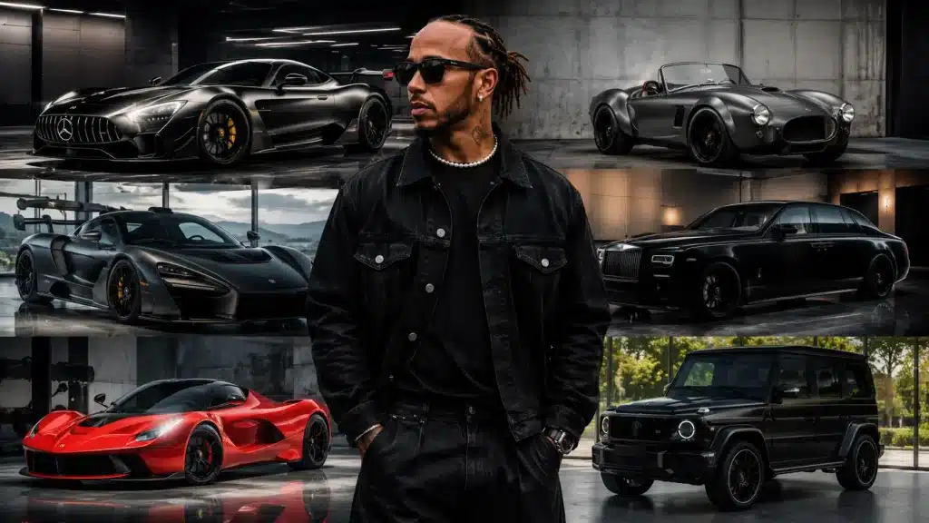 Lewis Hamilton standing in a luxury showroom surrounded by his high-end sports car collection