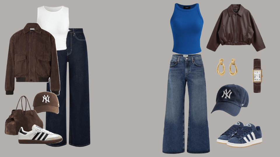 Light jacket, tank top, dark jeans, and sneakers for night baseball game outfits.