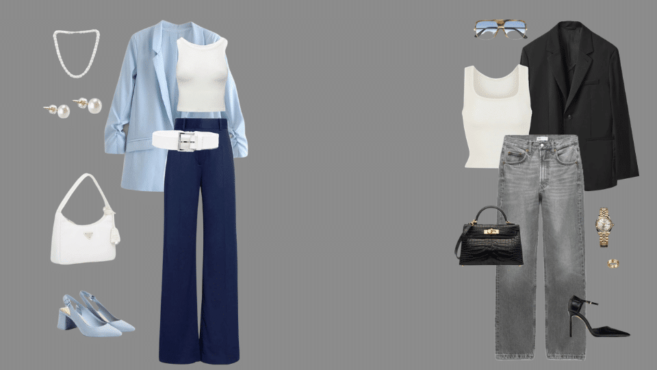 Lightweight blazer, tank top, skinny jeans, and sneakers for polished baseball game outfits.