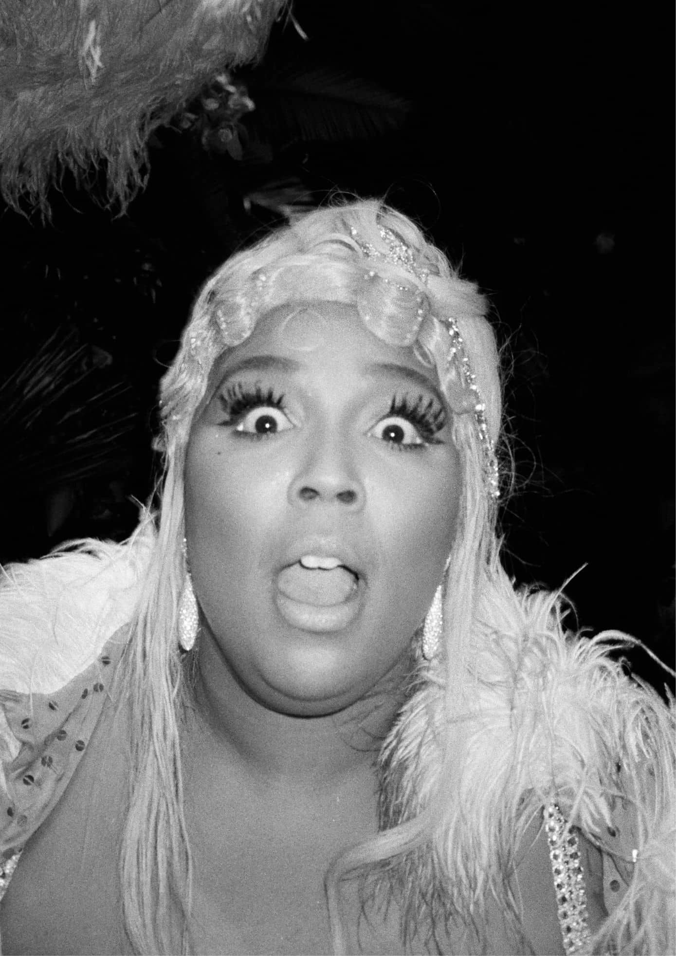 Lizzo in a feathered outfit with dramatic makeup at the 2019 Met Gala. (1)