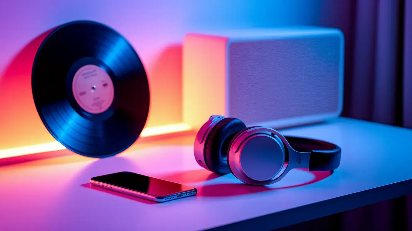 lose-up of a vinyl record, headphones, smartphone, and speaker with vibrant neon lighting, creating a modern music setup