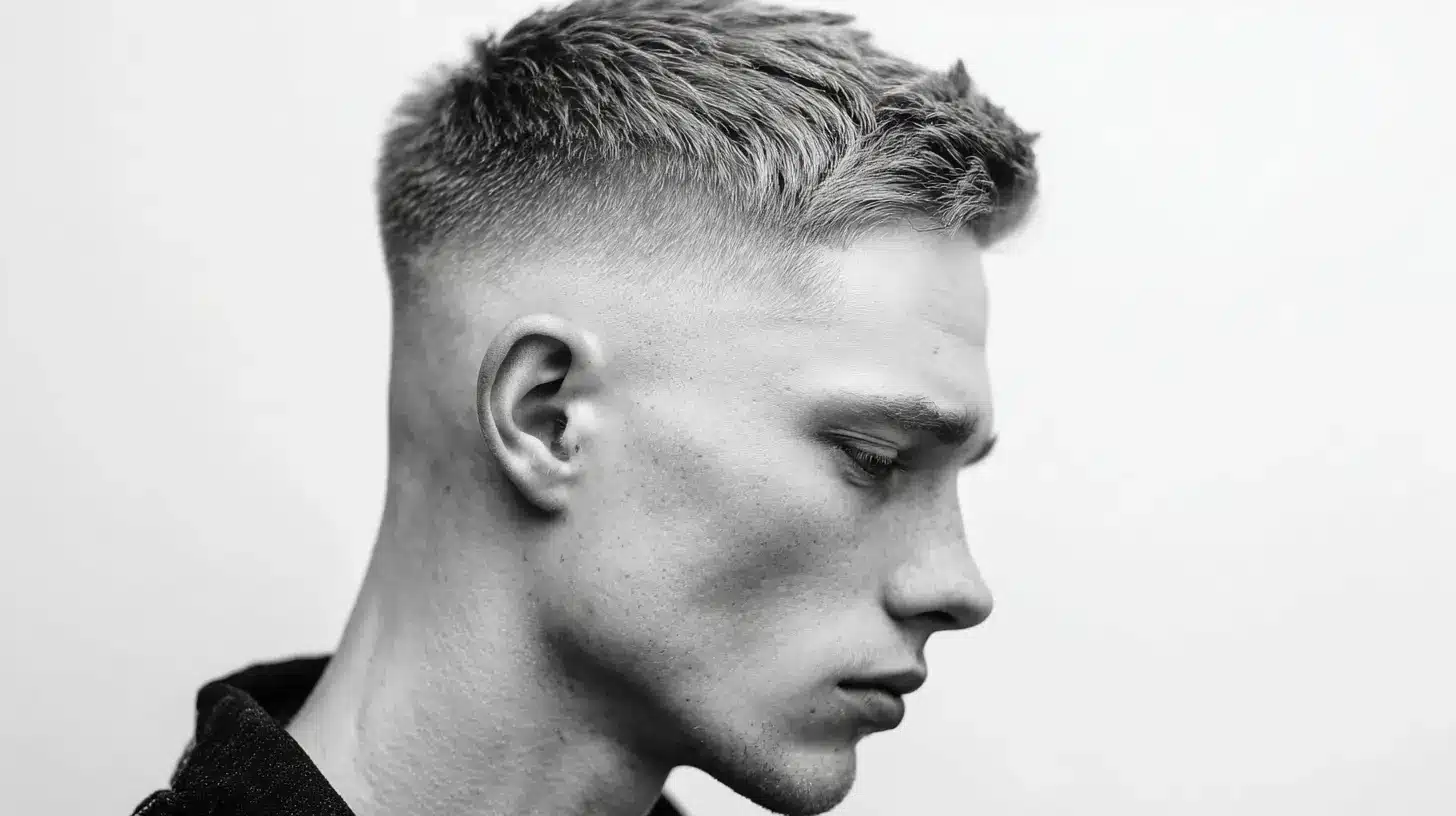 Man with asymmetric skin fade haircut, angled textured top.