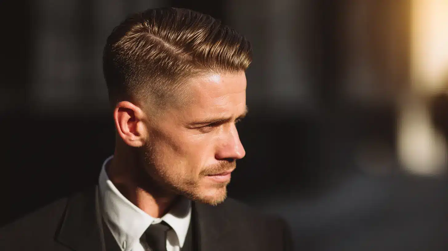 Man with low skin fade haircut and smooth polished top.