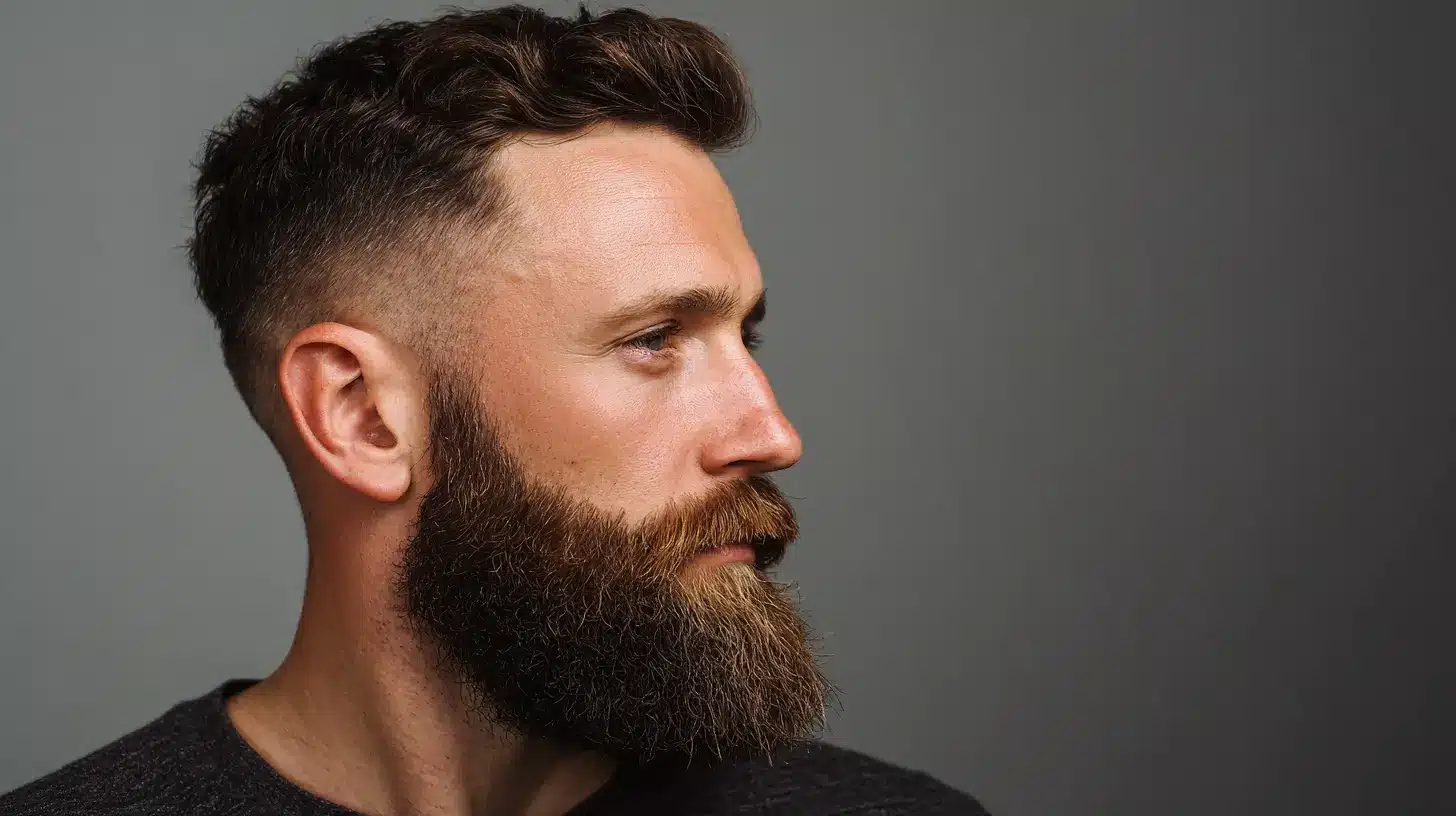 Man with low skin fade haircut blending into neat beard.