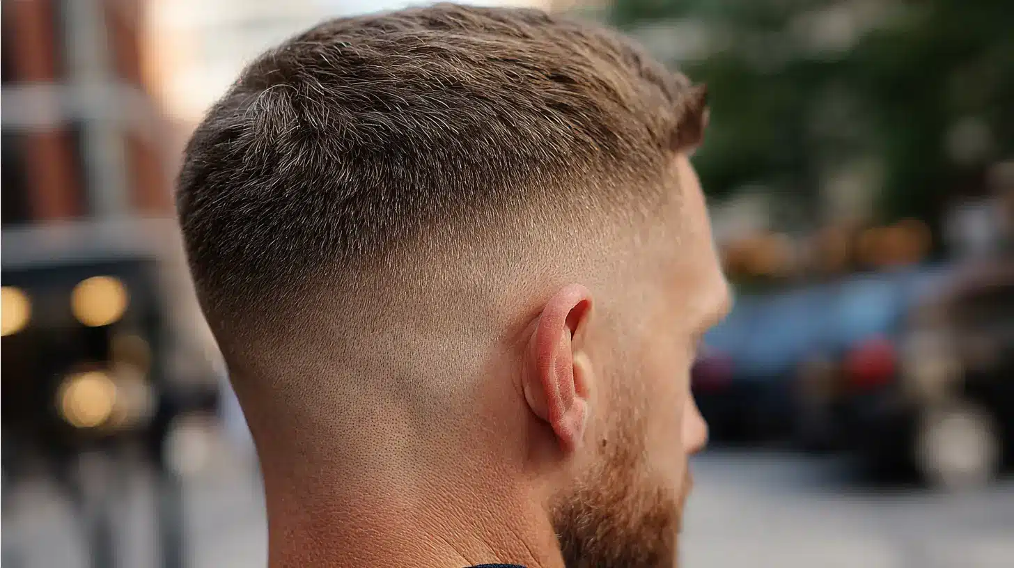 Man with low skin fade haircut, subtle taper on sides.