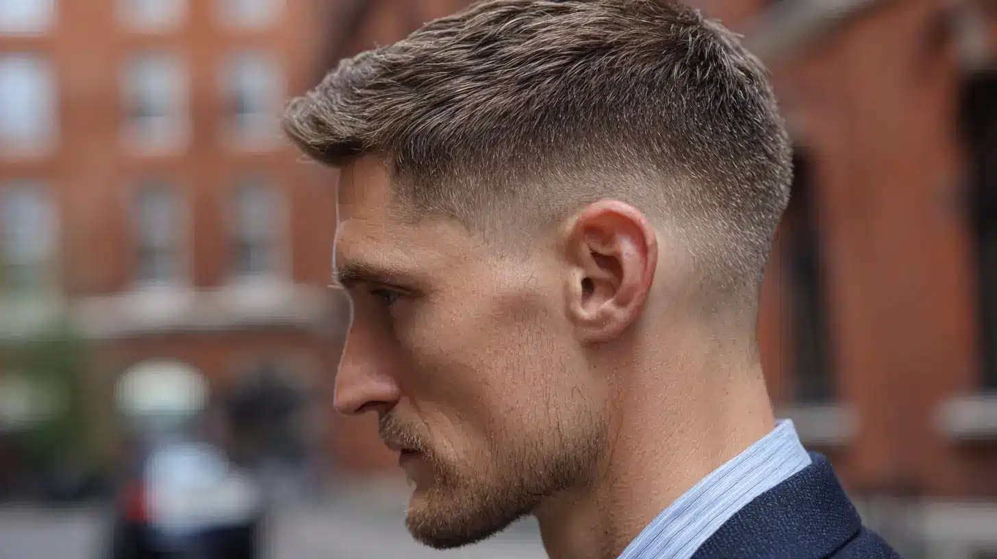 Man with mid skin fade haircut and textured hair top.