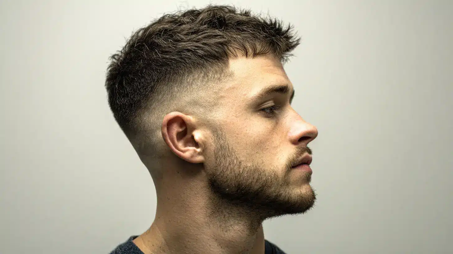 Man with mid skin fade haircut, balanced sides and top.