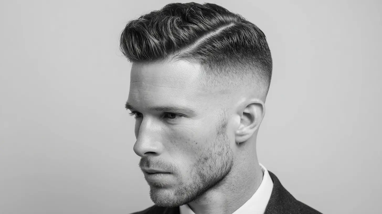 Man with professional skin fade haircut and side-part hairstyle.