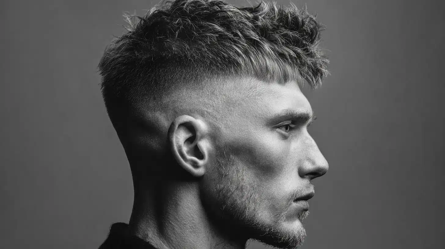 Man with skin fade haircut and angular fringe hairstyle.