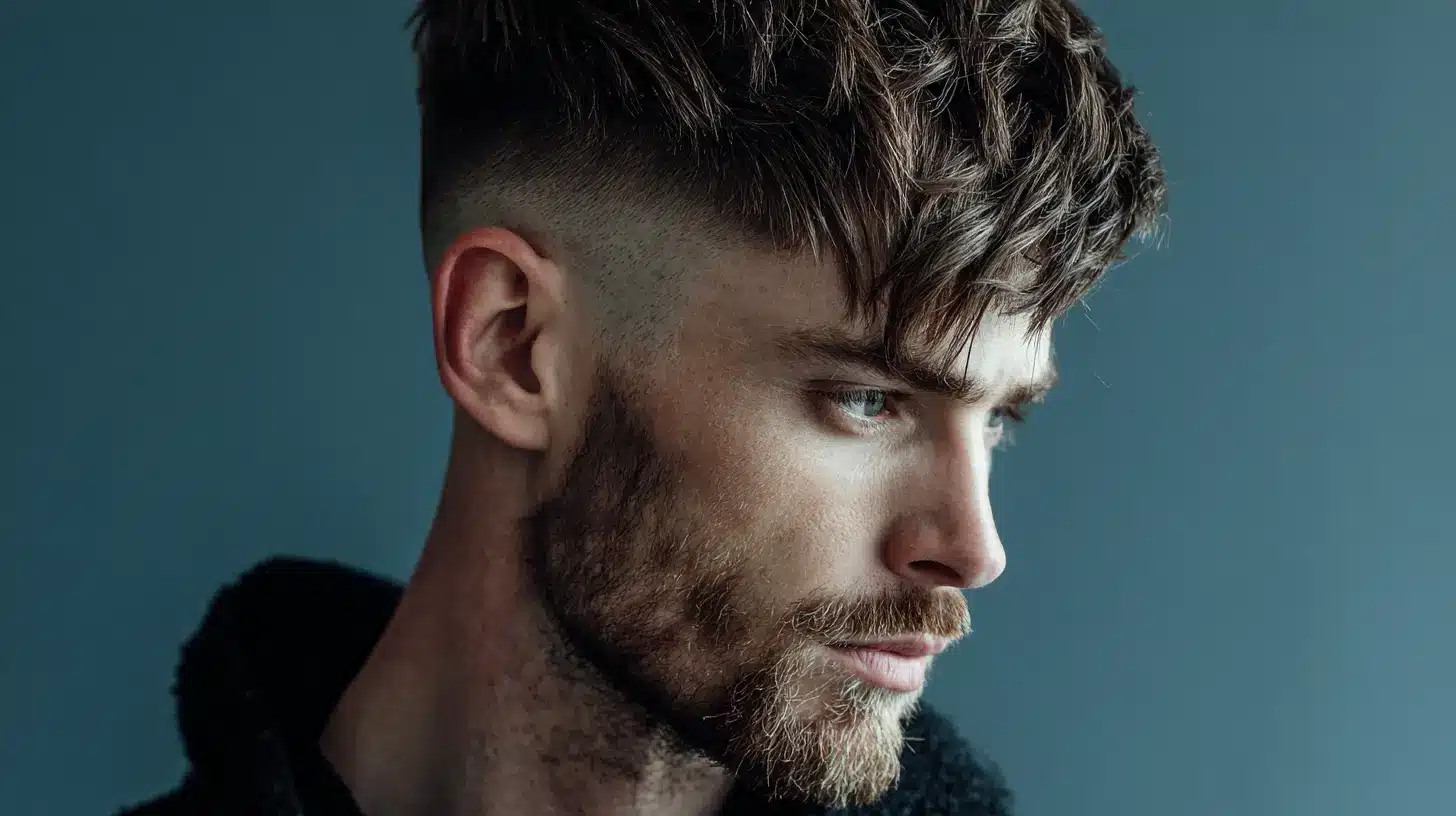 Man with skin fade haircut and curtain bangs hairstyle.