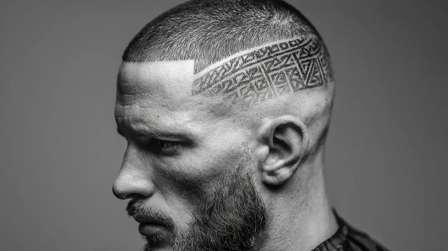 Man with skin fade haircut and geometric shaved designs.