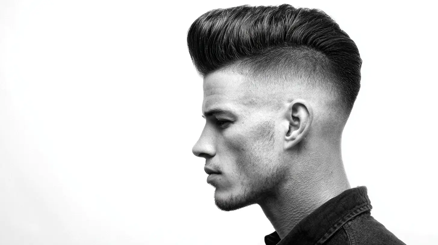Man with skin fade haircut and long pompadour hairstyle.