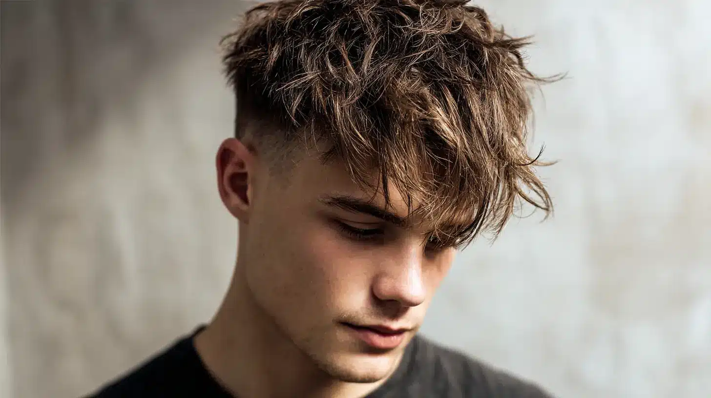 Man with skin fade haircut and messy textured top.
