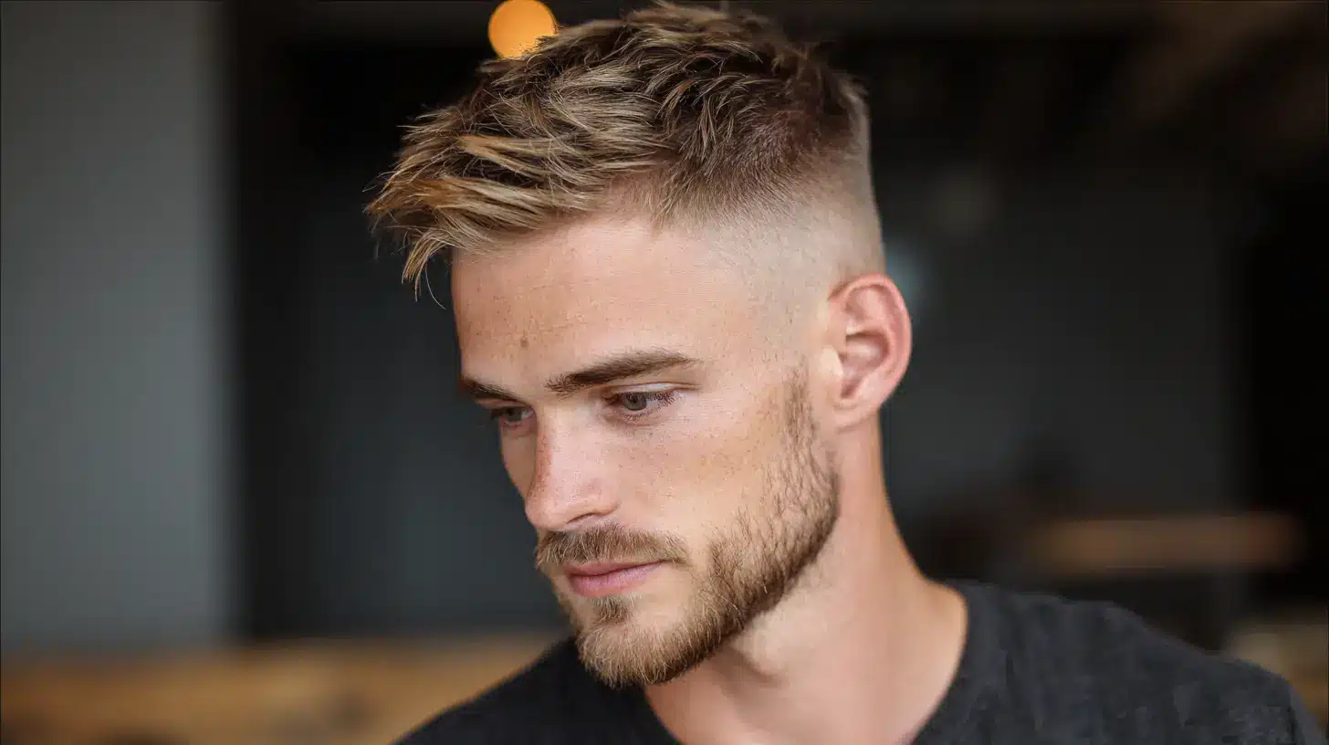 Man with skin fade haircut and undercut top hairstyle.