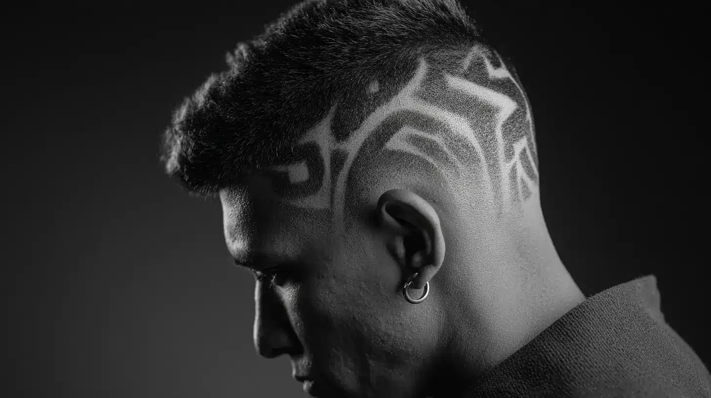 Man with skin fade haircut featuring artistic pattern designs.