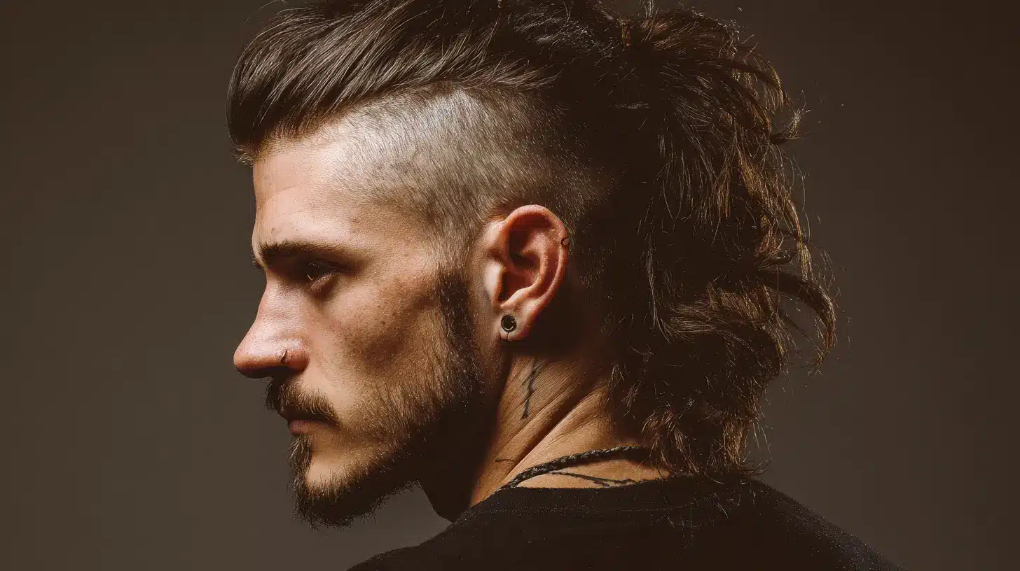 Man with skin fade mullet haircut, long back hair.