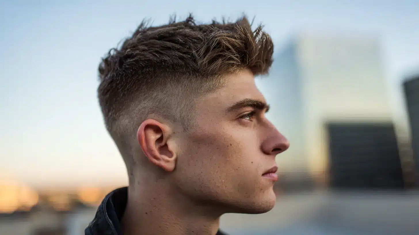 Man with temple skin fade haircut and longer top hair.
