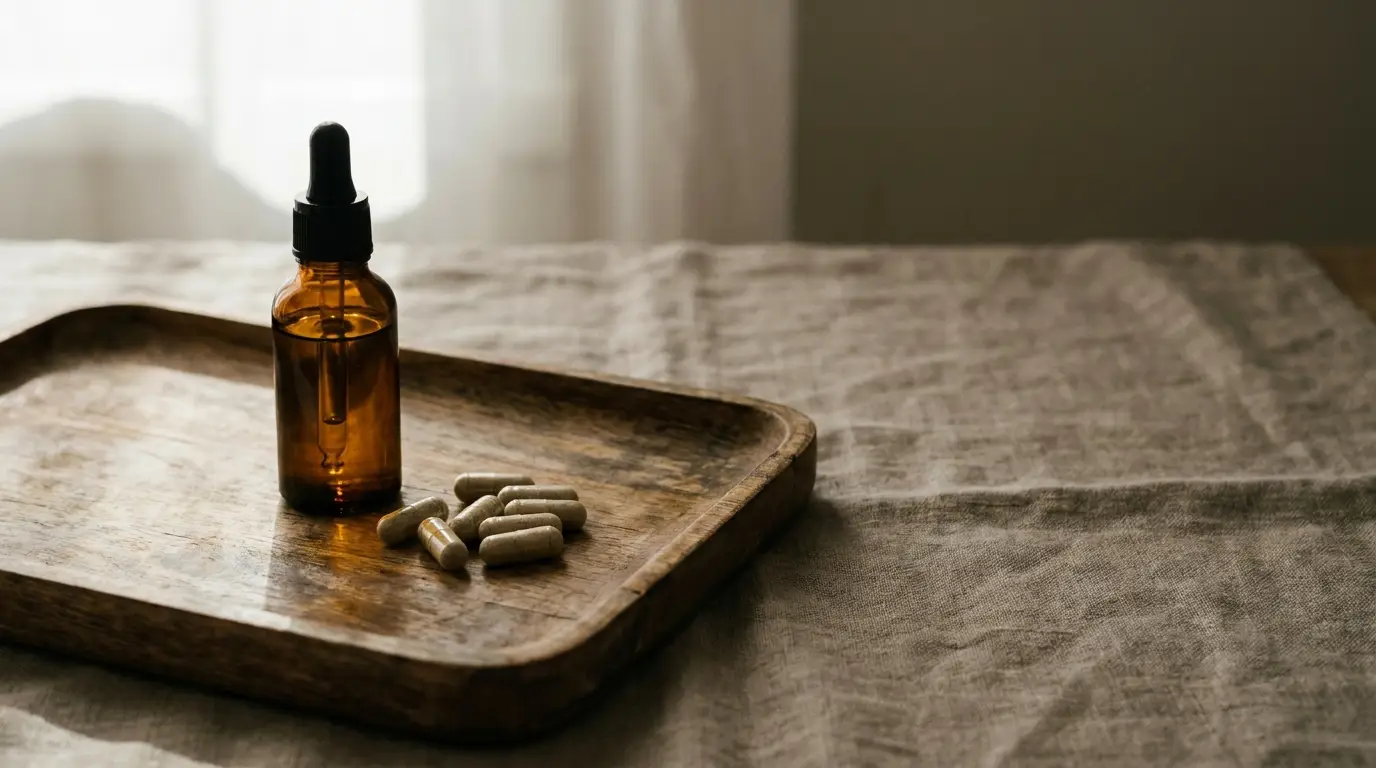 Amber glass dropper bottle and capsules on wooden tray with linen fabric background