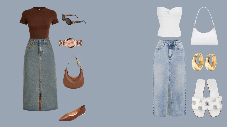 Midi skirt, fitted tee, and slip-on flats for balanced baseball game outfits.