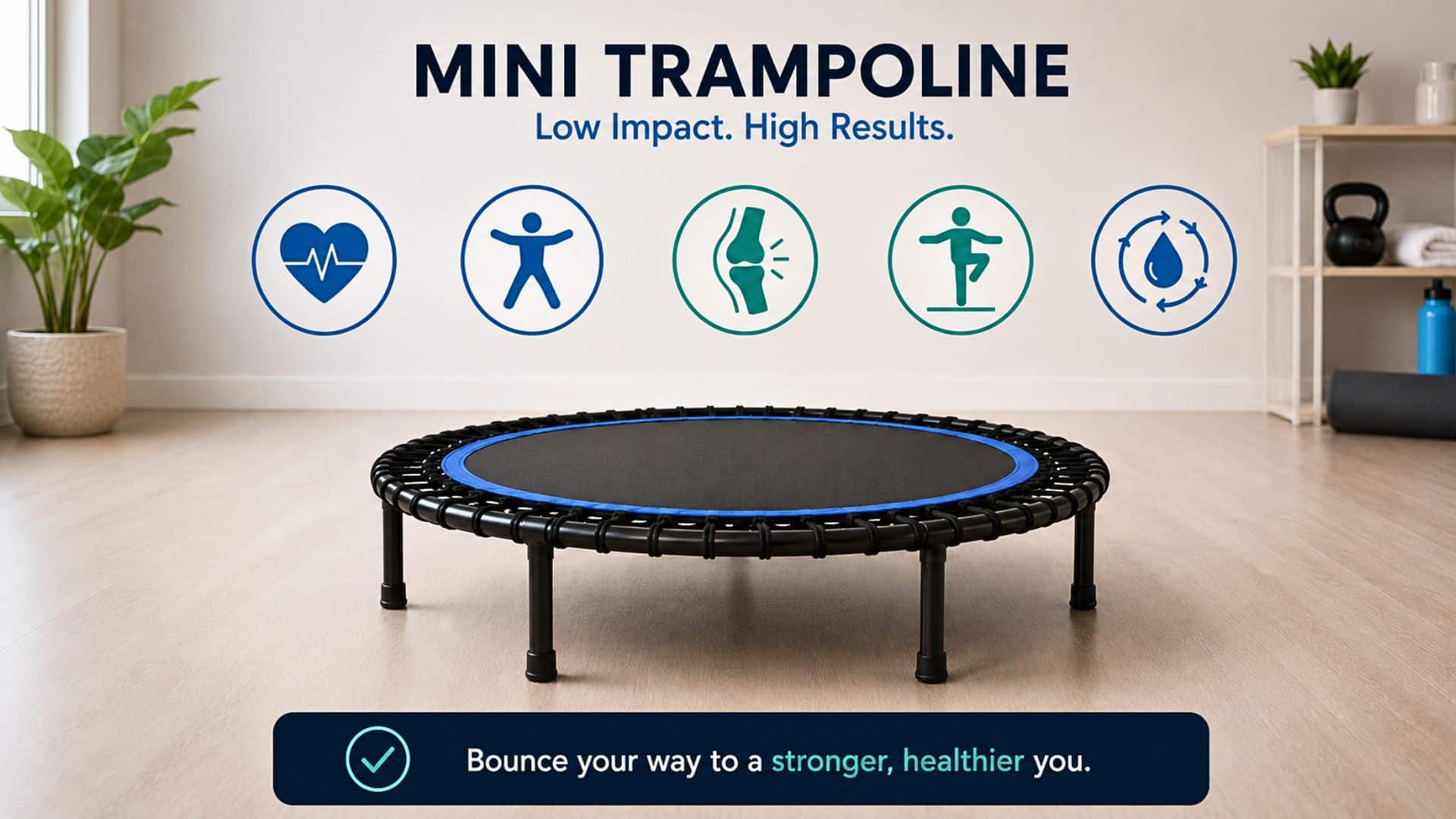Mini trampoline workout setup with fitness benefit icons in a modern home gym scene