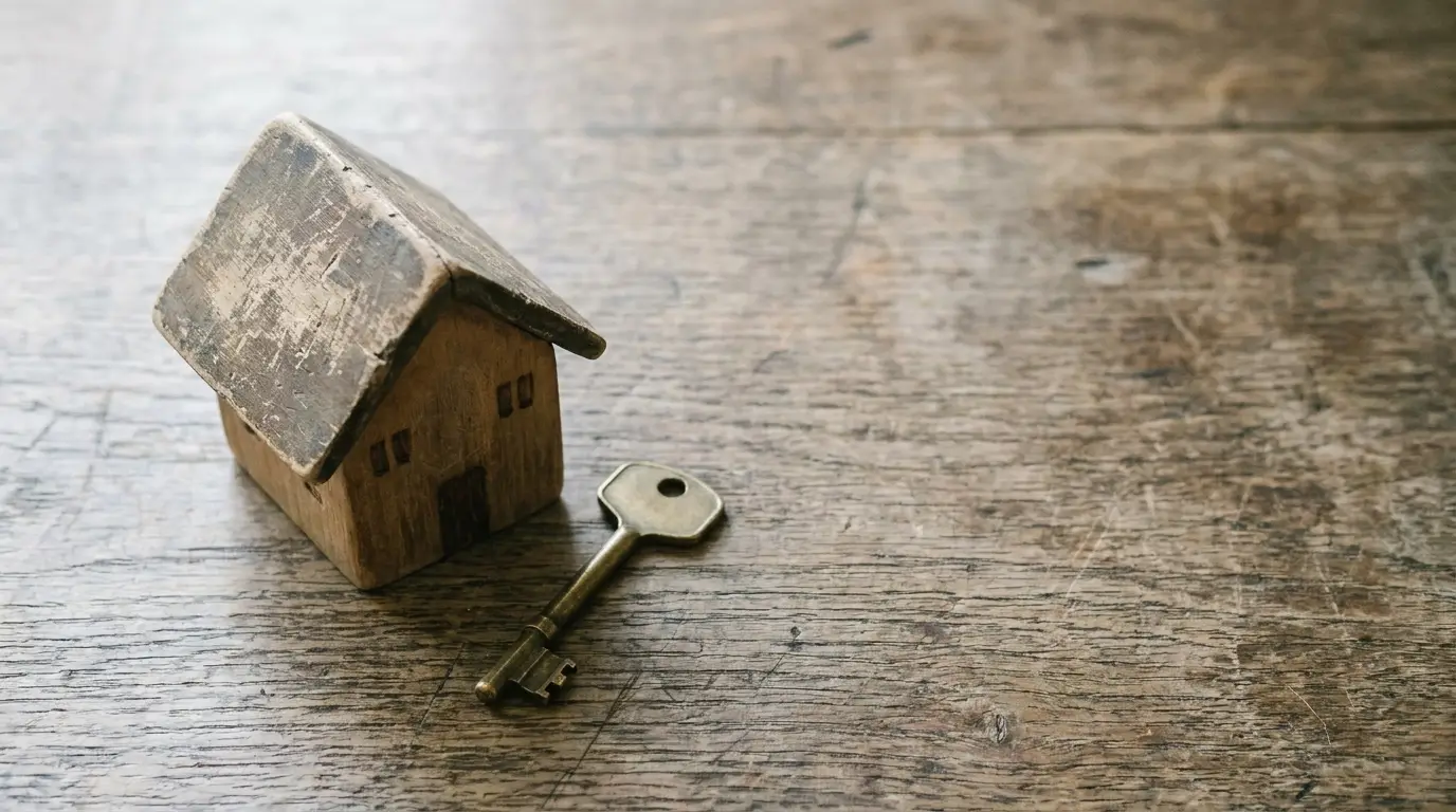 Wooden house model and vintage key on rustic wooden surface