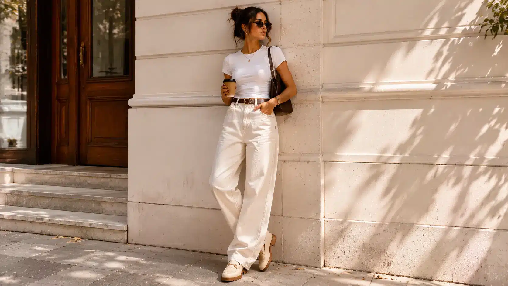 Minimal neutral outfit styled with baggy jeans