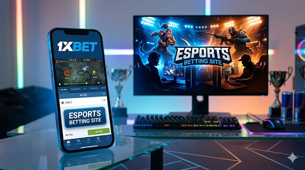 Smartphone displaying esports betting site app next to computer monitor in gaming setup